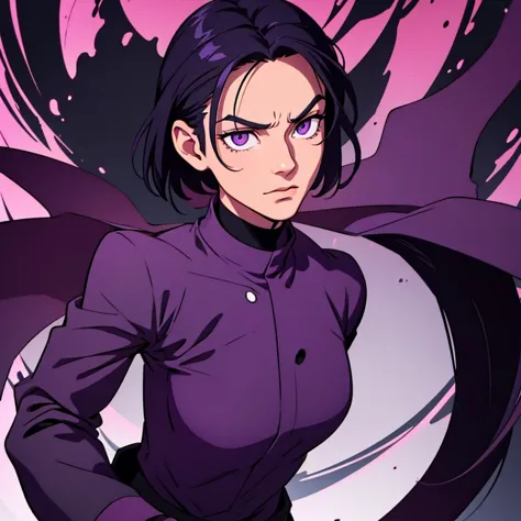 short black hair, highres, high resolution, masterpiece, wide purple eyes, talking, stoic, confident, masterpiece, best quality,...