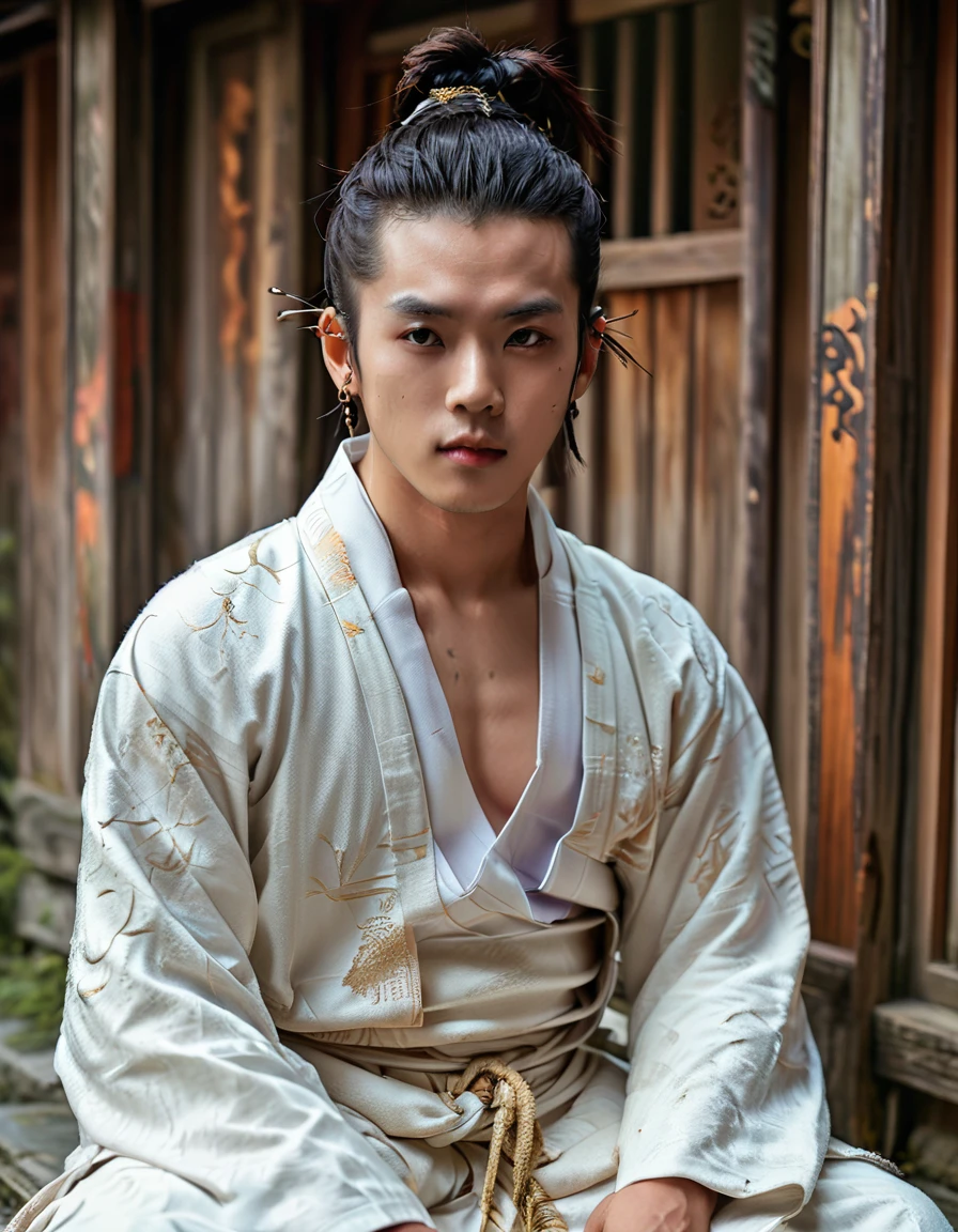 Recreate the 19th century Japanese monk and scholar Kukai as a handsome, young modern actor. Keep the traditional elements of Kukai, such as his tattoos and Buddhist clothing, but add a sophisticated, contemporary touch. The background should be a simple temple room or garden.