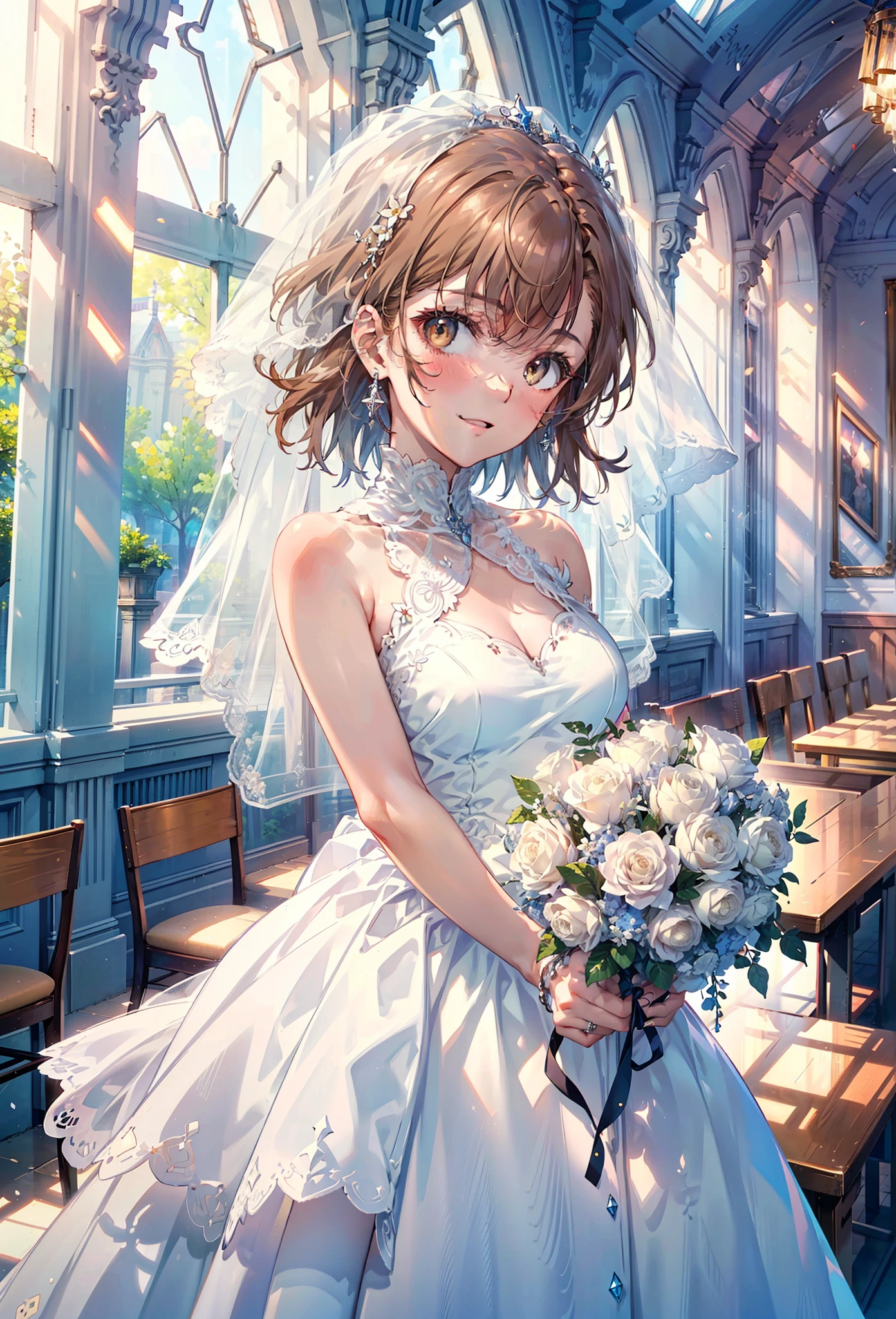 8k,highest quality,masterpiece,(((Pixel Perfect, Perfect in every detail))), alone, 1 girl, ,Mycotrose, Brown eyes,Brown Hair,short hair,Open your mouth,smile,blush,Flower Hair Ornaments,Veil,Wedding dress,Wedding Skirts,Holding a large bouquet in both hands,Flower Storm, break indoors, Chapel,Association, break looking at viewer, whole body,(Cowboy Shot:1. 5) , break (masterpiece:1.2), highest quality, High resolution, unity 8k wallpaper, (shape:0.8), (Beautiful details:1.6), Highly detailed face, Perfect lightでg, Highly detailed CG, (Perfect hands, Perfect Anatomy),