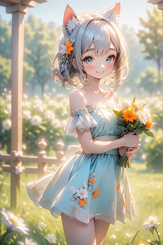 (highest quality))、((masterpiece))、(detailed),masterpiece,best quality, high quality,ulutra detailed,Perfect Face、（1girl：1.8）、 Mina、(woman、Sparkling Eyes、Cat ear：2.0、Silver Bob Hair：2.5))、Holding a bouquet of colorful flowers、Orange off-shoulder dress、Brown embroidery、Brown Sandals、Flower Field、smile