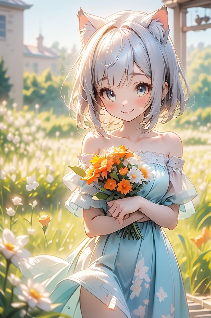 (highest quality))、((masterpiece))、(detailed),masterpiece,best quality, high quality,ulutra detailed,Perfect Face、（1girl：1.8）、 Mina、(woman、Sparkling Eyes、Cat ear：2.0、Silver Bob Hair：2.5))、Holding a bouquet of colorful flowers、Orange off-shoulder dress、Brown embroidery、Brown Sandals、Flower Field、smile