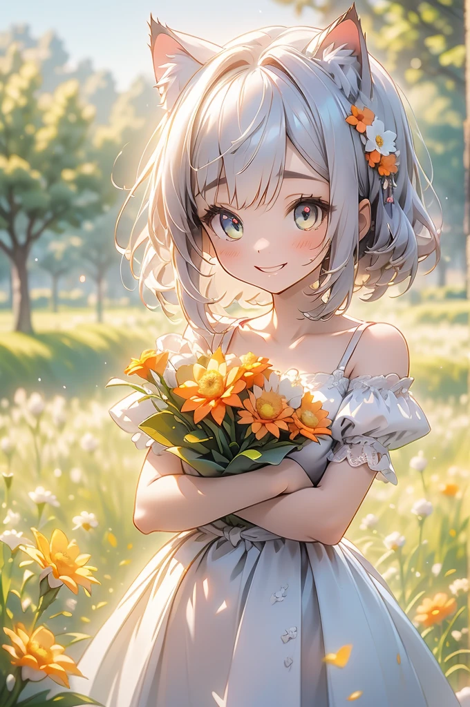 (highest quality))、((masterpiece))、(detailed),masterpiece,best quality, high quality,ulutra detailed,Perfect Face、（1girl：1.8）、 Mina、(woman、Sparkling Eyes、Cat ear：2.0、Silver Bob Hair：2.5))、Holding a bouquet of colorful flowers、Orange off-shoulder dress、Brown embroidery、Brown Sandals、Flower Field、smile