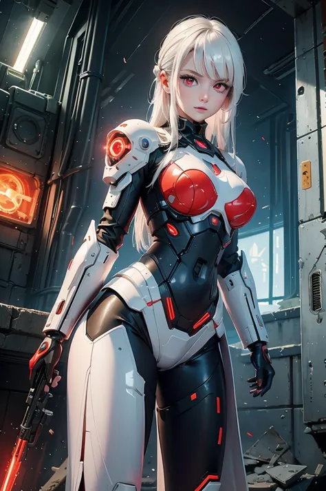 ((cyberpunk women images))，dynamic pose、(masterpiece:1.4, highest quality, dutch angle)(one girl, alone)（white hair that changes...