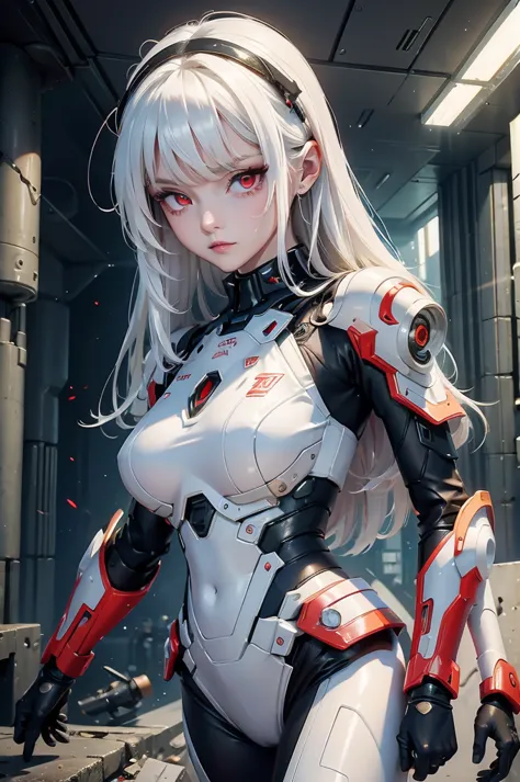 ((Cyberpunk women images))，Dynamic pose、(masterpiece:1.4, highest quality, Dutch Angle)(One girl, alone)（White hair that changes...