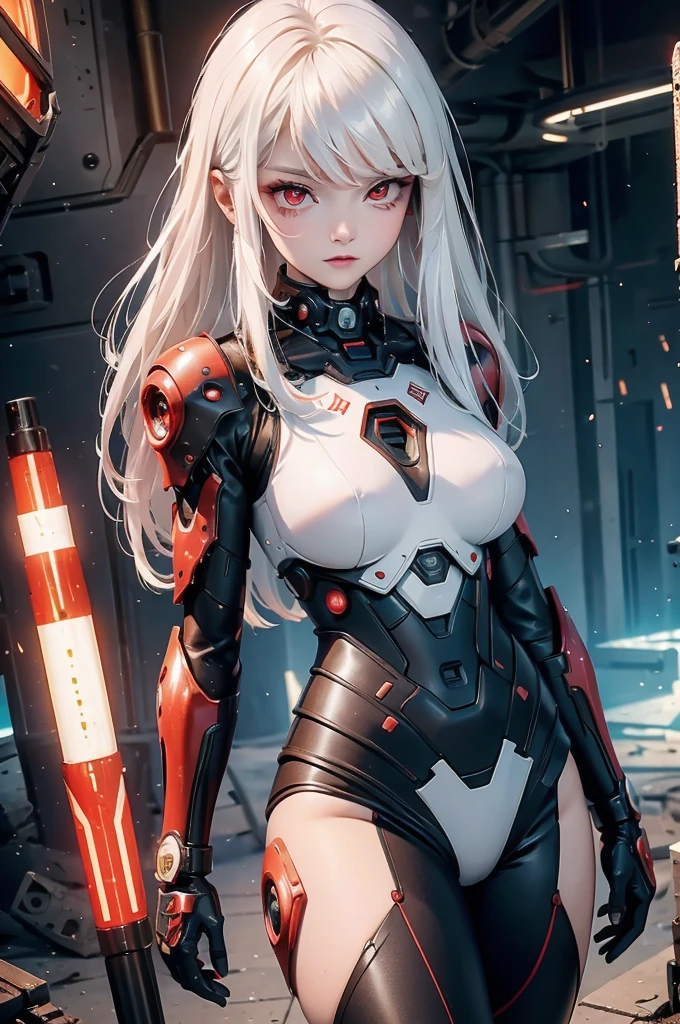 ((Cyberpunk women images))，Dynamic pose、(masterpiece:1.4, highest quality, Dutch Angle)(One girl, alone)（White hair that changes with the light、Smooth and straight hair、WHITE hair fluttering in the wind）、（beautiful, Glowing Skin、Cheek gloss highlighter、Sexy and very beautiful and adorable face、世界で最もbeautiful顔、big, Glowing red eyes）、（Cute 25 year old girl、Ample breasts、Narrow waist、Delicate shoulders、Perfect figure）（Overall dark、Abandoned futuristic city、End of the Century World、Traces of war、Caves、ruins）(Futuristic combat suit、White-based battle armor、Highly decorated battle suit)（Shooting from close range、Photo of your face）
