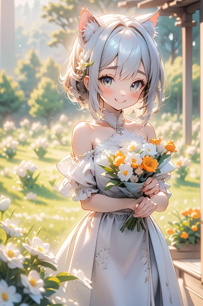 (highest quality))、((masterpiece))、(detailed),masterpiece,best quality, high quality,ulutra detailed,Perfect Face、（1girl：1.8）、 Mina、(woman、Sparkling Eyes、Cat ear：2.0、Silver Bob Hair：2.5))、Holding a bouquet of colorful flowers、Orange off-shoulder dress、Brown embroidery、Brown Sandals、Flower Field、smile