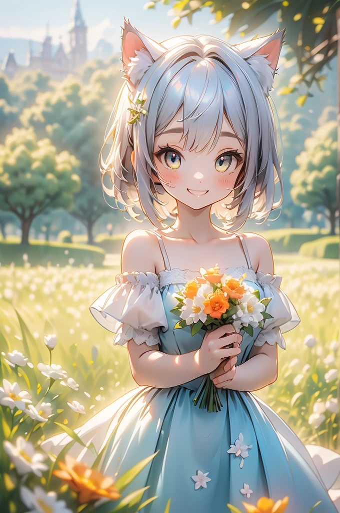 (highest quality))、((masterpiece))、(detailed),masterpiece,best quality, high quality,ulutra detailed,Perfect Face、（1girl：1.8）、 Mina、(woman、Sparkling Eyes、Cat ear：2.0、Silver Bob Hair：2.5))、Holding a bouquet of colorful flowers、Orange off-shoulder dress、Brown embroidery、Brown Sandals、Flower Field、smile