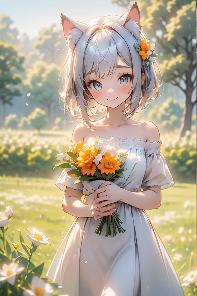 (highest quality))、((masterpiece))、(detailed),masterpiece,best quality, high quality,ulutra detailed,Perfect Face、（1girl：1.8）、 Mina、(woman、Sparkling Eyes、Cat ear：2.0、Silver Bob Hair：2.5))、Holding a bouquet of colorful flowers、Orange off-shoulder dress、Brown embroidery、Brown Sandals、Flower Field、smile