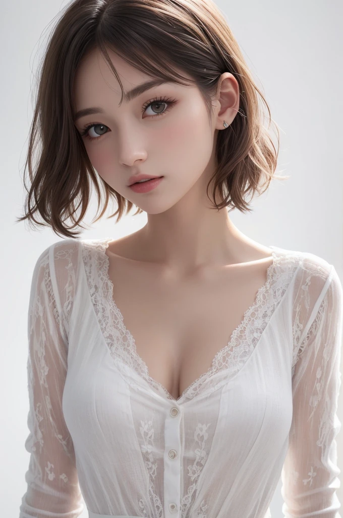 8K Ultra HD、RAWphotograph、モデルphotograph撮影、 European laces、(masterpiece、highest quality、Realistic、High resolution、photograph:1.3)、close、focus on、Hot Model、slim、30 year old mature woman、Small face、No makeup、short hair、Beautiful dark brown Hayne eyes、Genuineスキン、(Perfect body)、Sexy hot face、erotic、sexual sight、slim、shirt、Long sleeve、Hide your chest、Beautiful eyes in every detail、Glossy lips、Small breasts、Small breasts、Bust B cup、((Bright light、Dynamic Lighting、Genuine、超Genuine、 realism、Genuineなディテール、Cool Beauty、Cool pose、Background white、Plain white background