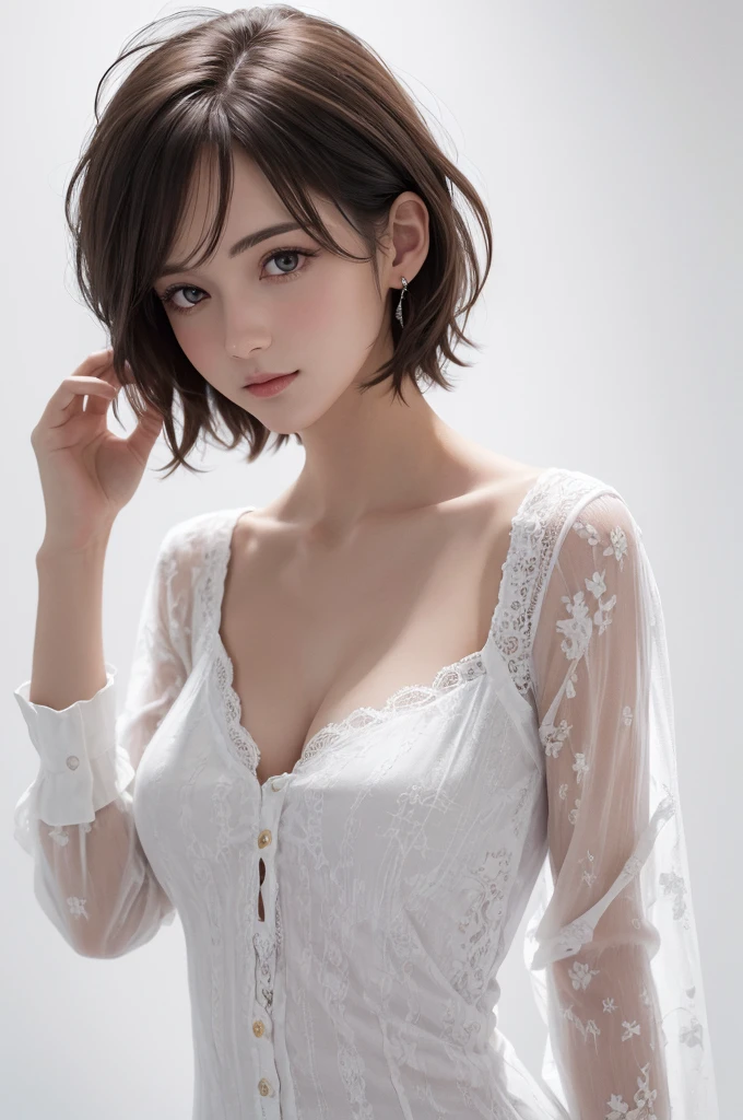 8K Ultra HD、RAWphotograph、モデルphotograph撮影、 European laces、(masterpiece、highest quality、Realistic、High resolution、photograph:1.3)、close、focus on、Hot Model、slim、30 year old mature woman、Small face、No makeup、short hair、Beautiful dark brown Hayne eyes、Genuineスキン、(Perfect body)、Sexy hot face、erotic、sexual sight、slim、shirt、Long sleeve、Hide your chest、Beautiful eyes in every detail、Glossy lips、Small breasts、Small breasts、Bust B cup、((Bright light、Dynamic Lighting、Genuine、超Genuine、 realism、Genuineなディテール、Cool Beauty、Cool pose、Background white、Plain white background