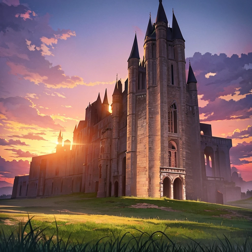 ancient castle in Gothic style against the backdrop of sunset