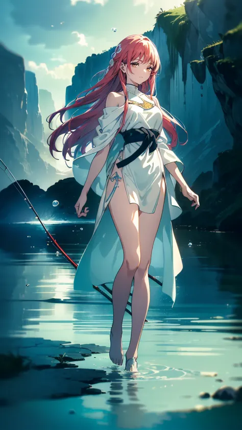 ((((obra maestra, la mejor calidad, ultrahigh resolution)))), aquatic scene, 1girl, standing, wavy hair, flowing robes, holding ...