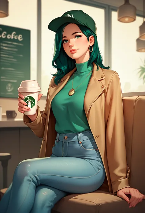 1 girl, alone, coffee shop, green hair, hat, coat, jeans, sitting on a chair, dynamic poses, In the building, 