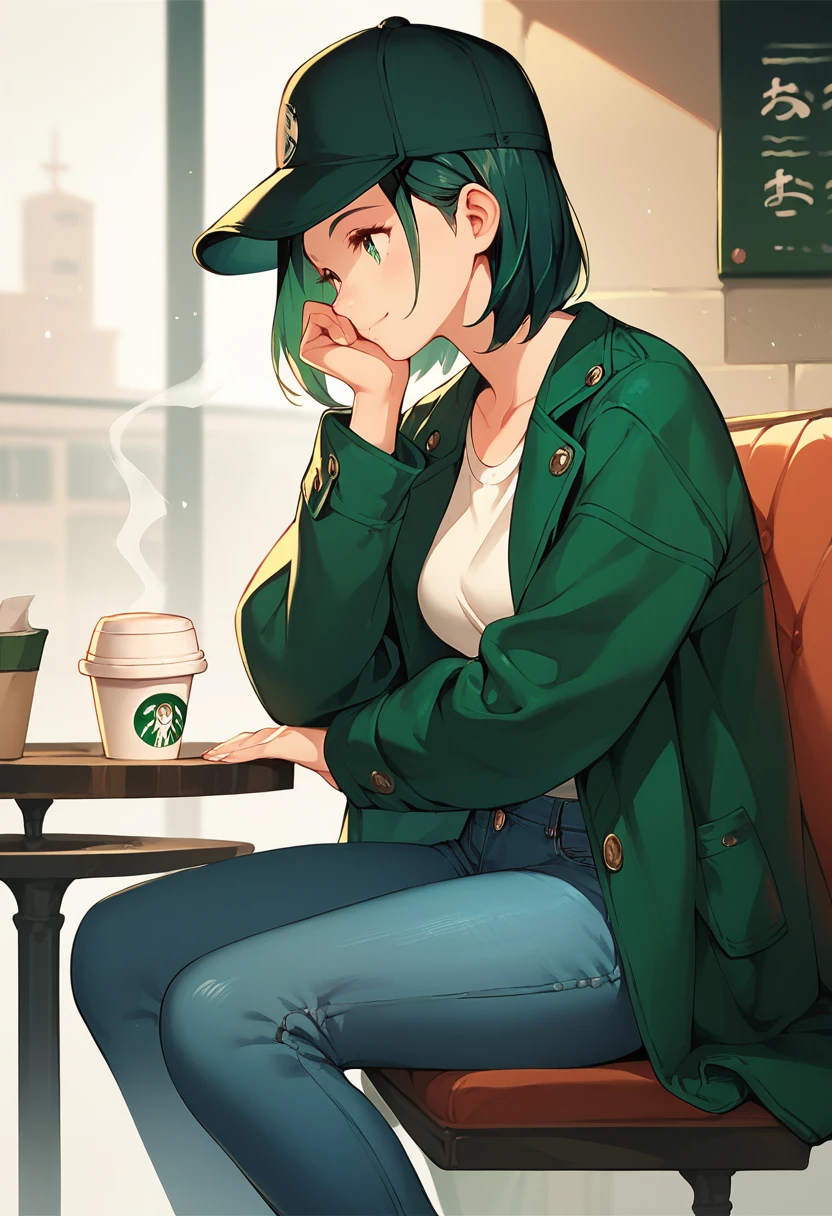 1 girl, alone, coffee shop, green hair, hat, coat, jeans, sitting on a chair, dynamic poses, In the building, 