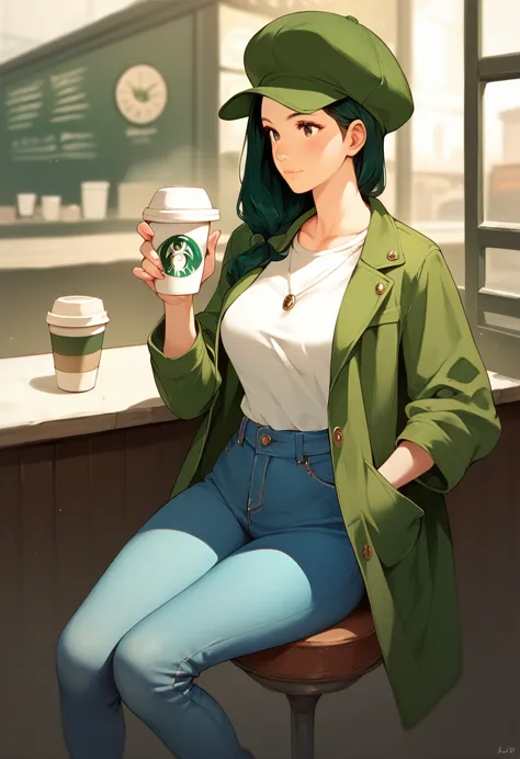 1 girl, alone, coffee shop, green hair, hat, coat, jeans, sitting on a chair, dynamic poses, in the building,