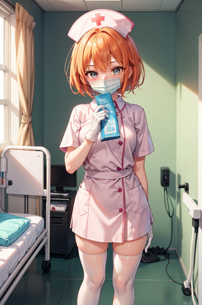 1girl, solo, nurse, nurse cap, white nurse uniform, ((white legwear, zettai ryouiki)), white gloves, very short hair, orange hair, ((white surgical mask, covered nose)), standing, ((hospital room)), sharp outline, short sleeves, tomboy, boyish, best quality, masterpiece