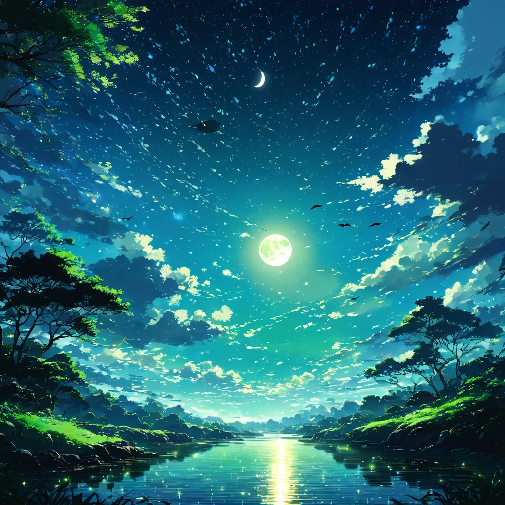 moon, 満moon, moon明かり, Sky, Night Sky, star, Countless, Sparkling, green, blue, black, darkness, cloud, wing, 白いbird, bird, fly, wingばたく, silhouette, free, mysterious, Fantasy, beautiful, Silence, hope, dream, Romance,beautiful Anime Scenery, Landscape painting, beautifulデジタル絵画, Andreas Rocha, beautifulアートワークのイラスト, Awesome Wallpapers, Raymond Han, 背の高いbeautiful絵画, Studio Greeble Makoto Shinkai, beautiful壁紙, Anime Scenery