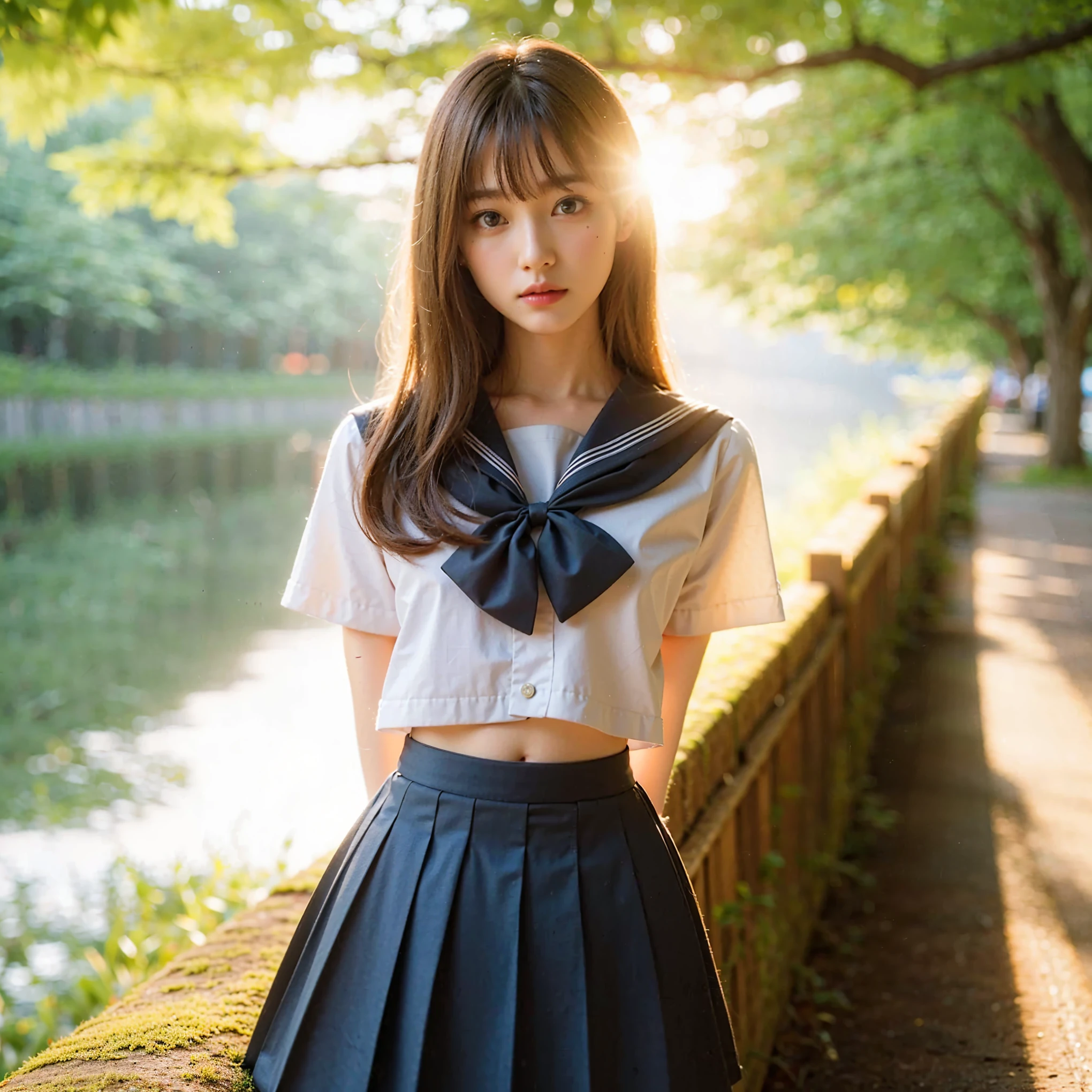 (masterpiece, best quality:1.2), (8k, uhd, ultra high res), professional lighting, (super intricate all details), (super realistic all textures), realistic photo, ultra sharp photo result, superrealism, Lakeside park with sunlight shining through the trees, (school uniform, shirt, skirt), japanese female, 17 years old, , skinny body, flat chest, extremely beautiful face, super detailed face, super real skin, super detailed eyes