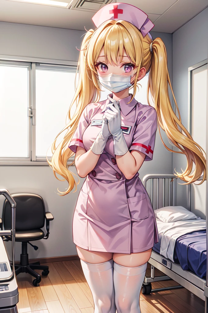 1fille, seulement, infirmière, infirmière cap, white infirmière uniform, ((collants blancs, zettaï ryôiki)), Gants blancs, Twintails, Cheveux blonds, yeux violets, ((masque chirurgical blanc, nez couvert)), debout, ((Chambre d&#39;hôpital)), contour net, manches courtes, Meilleure qualité, chef-d&#39;œuvre