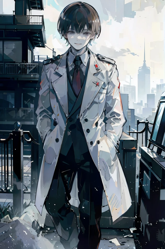 young man, brown hair, black eyes, smiling, medium hair, wearing a pure white trench coat, wearing black pants, in one city, 4k, detailed, sui ishida art style, detailed eyes, 
