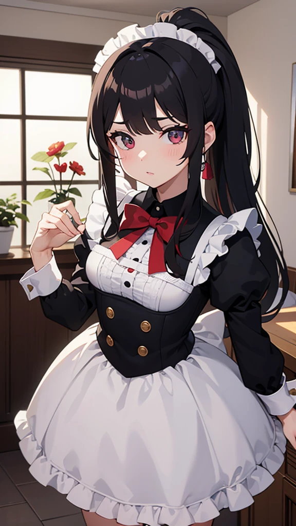 adult, wavy black hair, piercing look with deep red eyes, average stature, Silky hair with a ponytail hairstyle collected with a red bow with two white lines, she has medium breasts, foreground, Session, standing in the middle of his room [[[Evil laugh]]] , blushing, big thighs, maid, Maid, NSFW, white underwear, raising her maid&#39;s skirt to show her panties to the camera, lifting her skirt to show her panties, grabbing the skirt with both hands to lift it up, SHOWING PANTIES, white underwear, raised skirt 