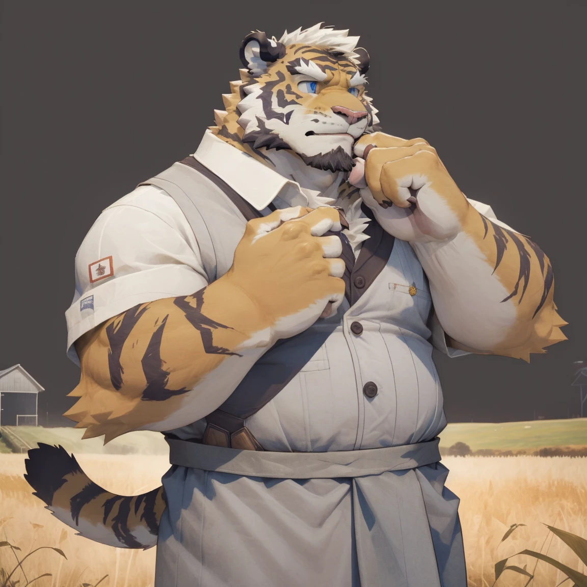 masterpiece, best quality, 8k resolution, Very detailed, hairy，tiger，((White short hair))，Strong body，((Middle-aged uncle))，(((Blue eyes)))，For the audience，portrait，(Highest quality scene)，(((Gray cloth)))，((Solitary))，Black trousers，whole body，((Touching his chin and thinking))，(Mature)，(((Rural background)))，((yellow fur)),Standing，((farmer))，(((rural area)))