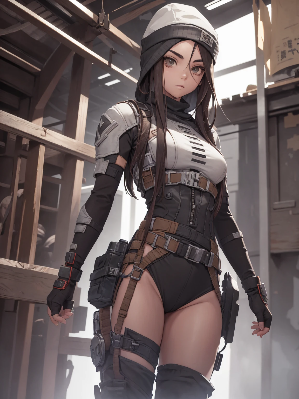 bonnet,waist belt,breasts big,Cybernetics,dental floss,cups,tagia alta,jaket,Microbiquíni,revealing clothing,shy,visible breasts, Kizi, (((standing alone))), pirralha violent, (((20 year))), sexly, pose de atitude, work of art, post-apocalypse, (((manga style))), Bounty Hunter, violent, Manic, the way you want, slenderbody, thin but strong, perfectbody, roupa moderna, advanced technology, neutral background, (( cowboy shot )). intricate visual