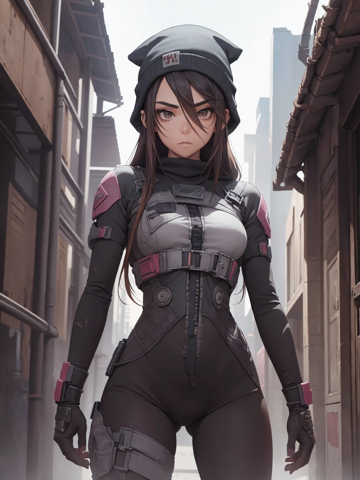 bonnet,waist belt,breasts big,Cybernetics,dental floss,cups,tagia alta,jaket,Microbiquíni,revealing clothing,shy,visible breasts, Kizi, (((standing alone))), pirralha violent, (((20 year))), sexly, pose de atitude, work of art, post-apocalypse, (((manga style))), Bounty Hunter, violent, Manic, the way you want, slenderbody, thin but strong, perfectbody, roupa moderna, advanced technology, neutral background, (( cowboy shot )). intricate visual