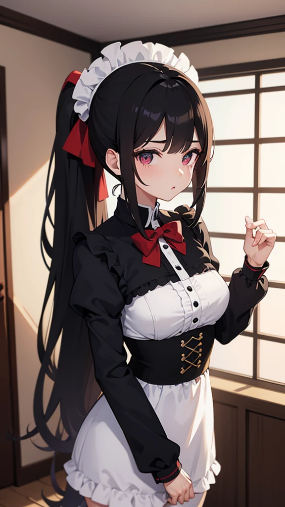 adult, wavy black hair, piercing look with deep red eyes, average stature, Silky hair with a ponytail hairstyle collected with a red bow with two white lines, she has medium breasts, foreground, Session, standing in the middle of his room [[[Evil laugh]]] , blushing, big thighs, black skirt, a white blouse, NSFW, white underwear, raising her maid&#39;s skirt to show her panties to the camera, lifting her skirt to show her panties, grabbing the skirt with both hands to lift it up, SHOWING PANTIES, white underwear, raised skirt 