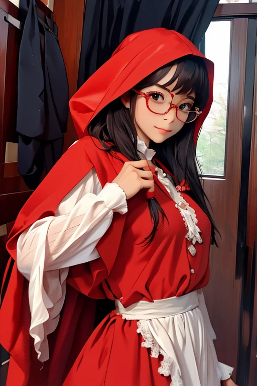 highest quality、masterpiece、High sensitivity、High resolution、detailed、Glasses、Shyly、Fairy tale Little Red Riding Hood、Cosplay