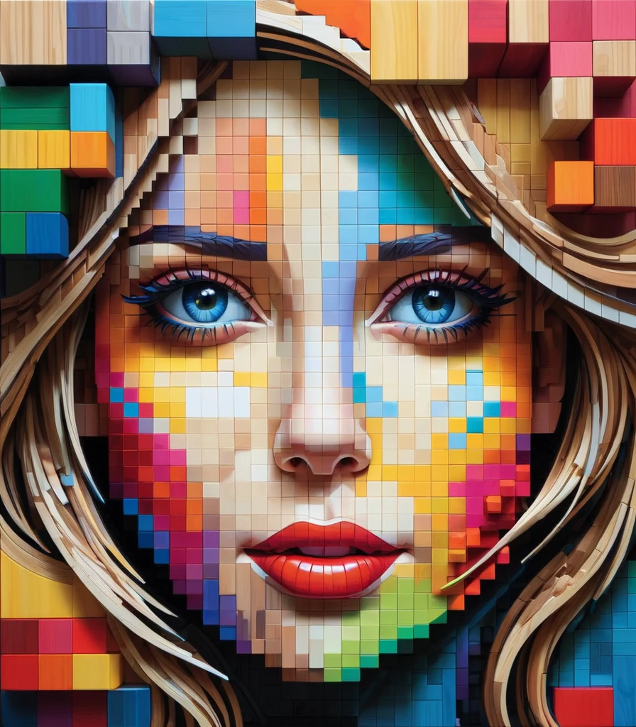 pixel art，Australian artist Gil Bruvel uses colorful wooden blocks to create a 3D pixelated portrait of a girl.