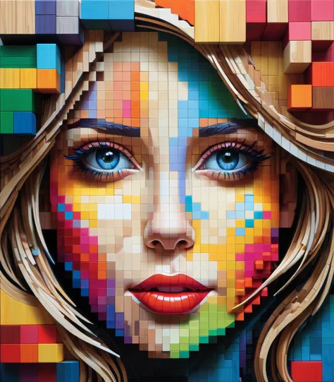 pixel art，australian artist gil bruvel uses colorful wooden blocks to create a 3d pixelated portrait of a girl.