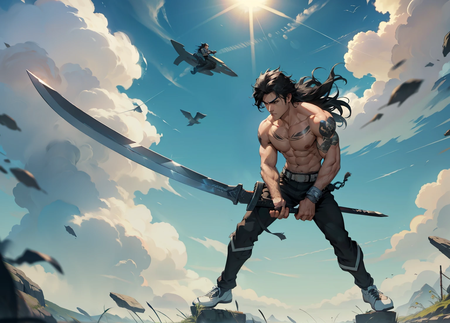 1 chico, 26 años de edad, cara seria, pelo negro, pelo largo, muscular, sin camisa, ((pantalones largos negros)), sosteniendo una espada gigante, cielo azul, nube