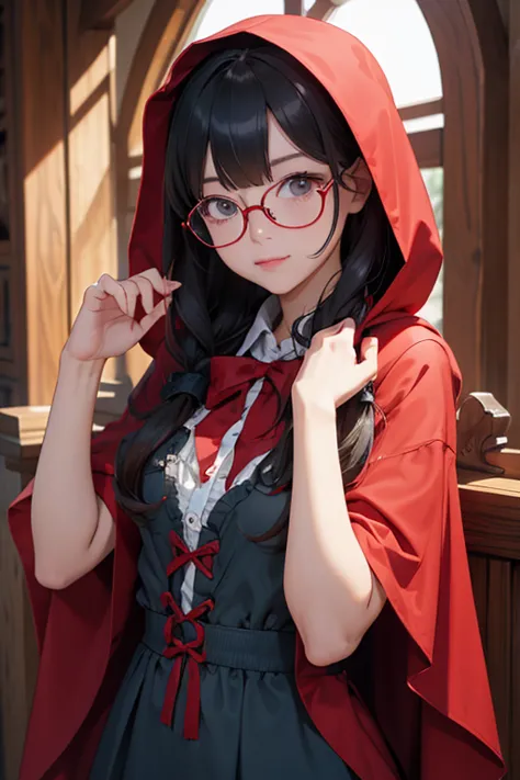 highest quality、masterpiece、High sensitivity、High resolution、detailed、Glasses、Shyly、Fairy tale Little Red Riding Hood、Cosplay