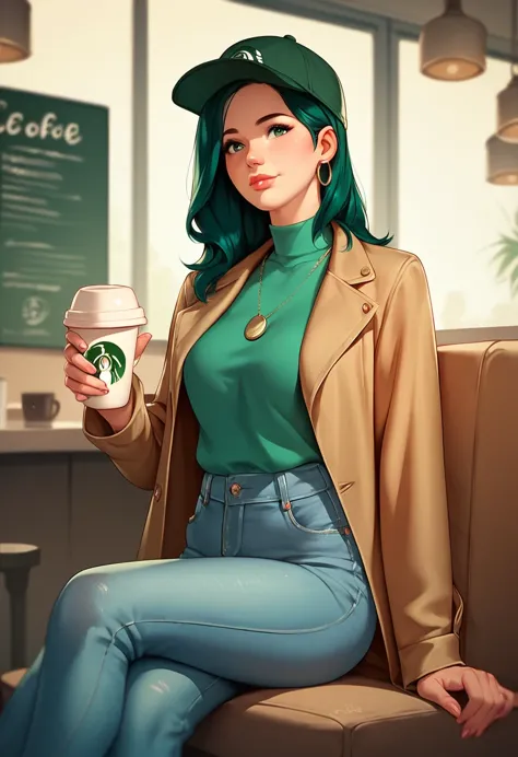 1 girl, alone, coffee shop, green hair, hat, coat, jeans, sitting on a chair, dynamic poses, in the building, legs and extra fin...