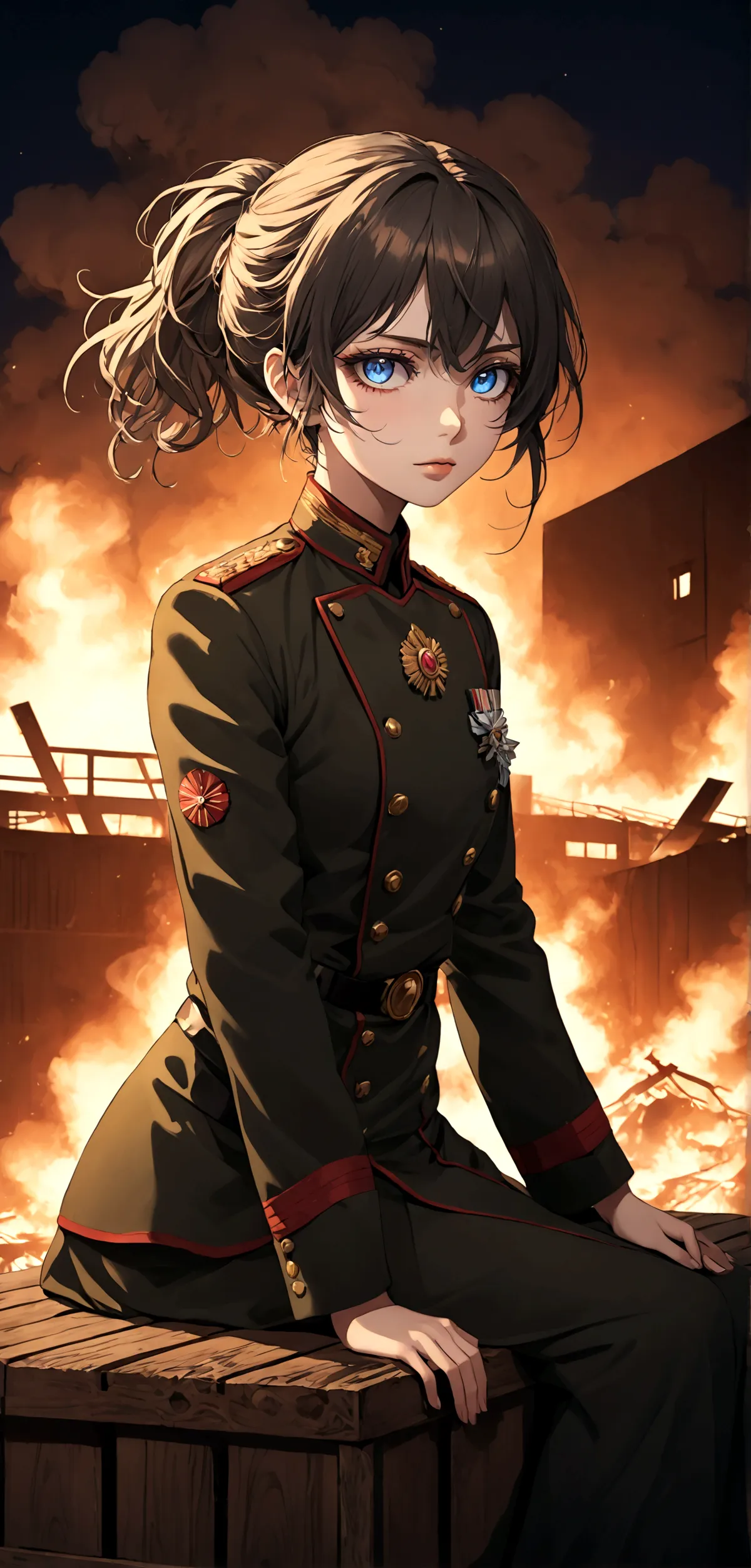 A beautiful anime girl wearing a  military uniform, sit on wood box drink coffee behind warehouse burning in the night, 90 photo...