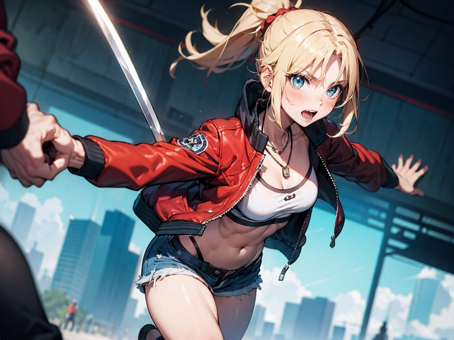 ((One Woman:2)), (Red jacket：1.9 )、((Battle Scenes, Swinging his sword violently,Dynamic Pose, Dynamic Action,Tight chest tops, Two-handed sword swinging pose)) , （Green Eyes:1.3）、Blonde Hair、ponytail、short hair、Scrunchie、赤いScrunchie、ヘアScrunchie、(赤いJacket:1.3)、denim、denimShorts、Jacket、jewelry、Abdominal muscles、Sturdy body、belly button、necklace、(赤い革Jacket)、Shorts、Shorts、Tube top、White top、,(Perfect hands),(Perfect Anatomy, complete hand depiction),(masterpiece),(highest quality),　Battle Scenes：1.5
