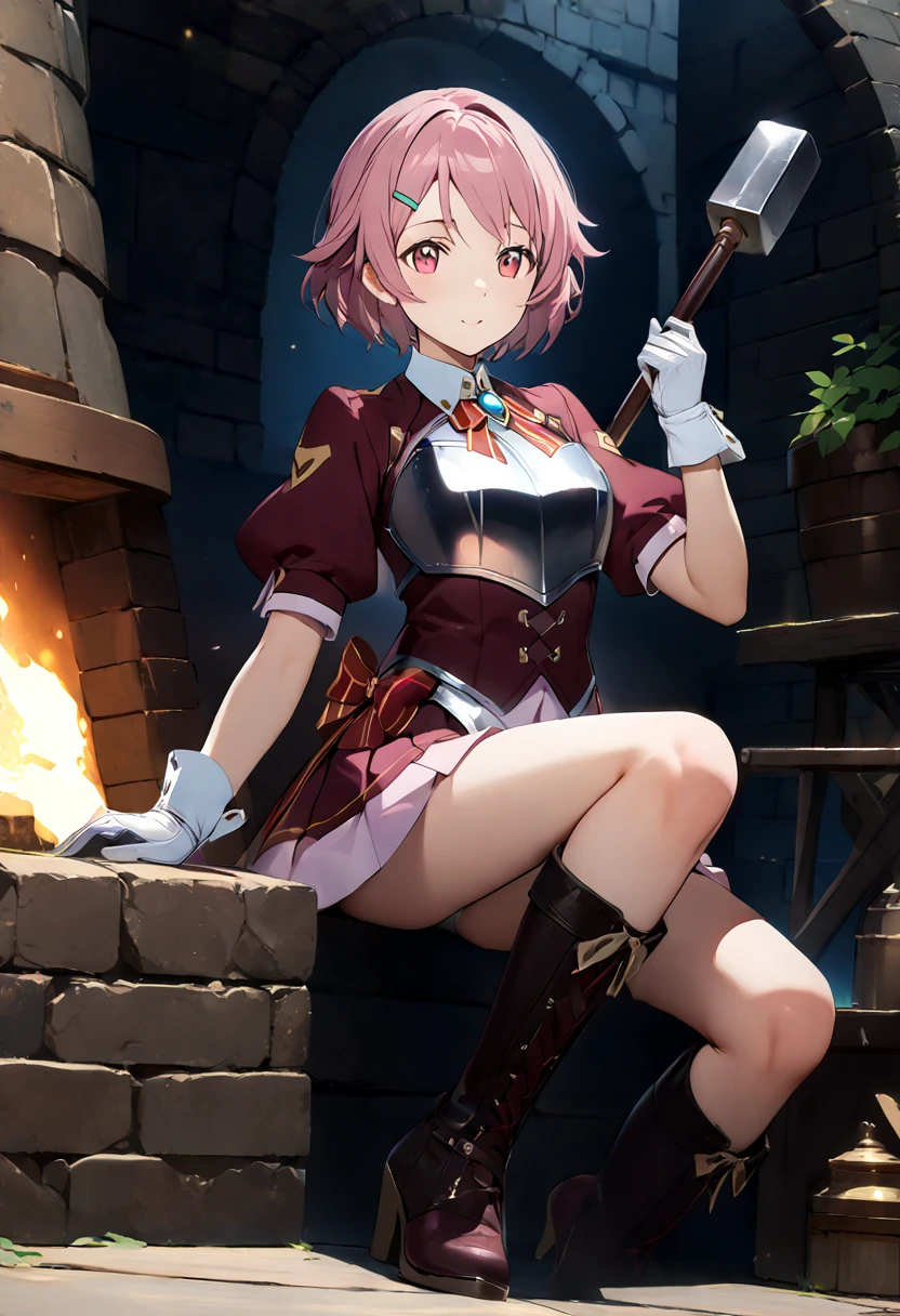 highest quality、unity 8k wallpaper、32k、masterpiece、Very detailed、Ultra-high resolution、　Magical Smith Lisbeth、lisbeth (sao)、Pink Short Hair、Puff sleeves、Shoulder rest、Silver Breastplate、Pleated skirt、Long gloves、Thigh-high stiletto boots、A large ribbon with a large brooch on the chest、Hair Clip、Hair Ribbon、Hold the magical hammer in one hand、Outside the forge