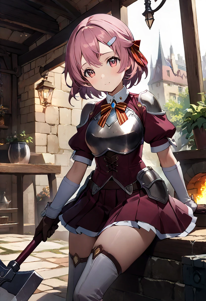 highest quality、unity 8k wallpaper、32k、masterpiece、Very detailed、Ultra-high resolution、　Magical Smith Lisbeth、lisbeth (sao)、Pink Short Hair、Puff sleeves、Shoulder rest、Silver Breastplate、Pleated skirt、Long gloves、Thigh-high stiletto boots、A large ribbon with a large brooch on the chest、Hair Clip、Hair Ribbon、Hold the magical hammer in one hand、Outside the forge