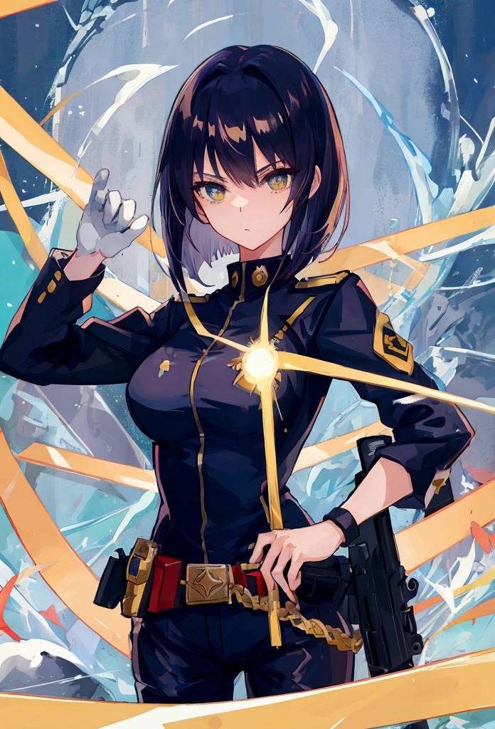 anime girl in uniform holding a gun and pointing it at the camera, officer, policewoman, Trigun Stampede style, Viper | Valorant, Jane | Alchemy Stars, White Shirt, a-1 pictures, high quality fanart, portrait n - 9, short hair, straight hair,
official character art, female anime character, 