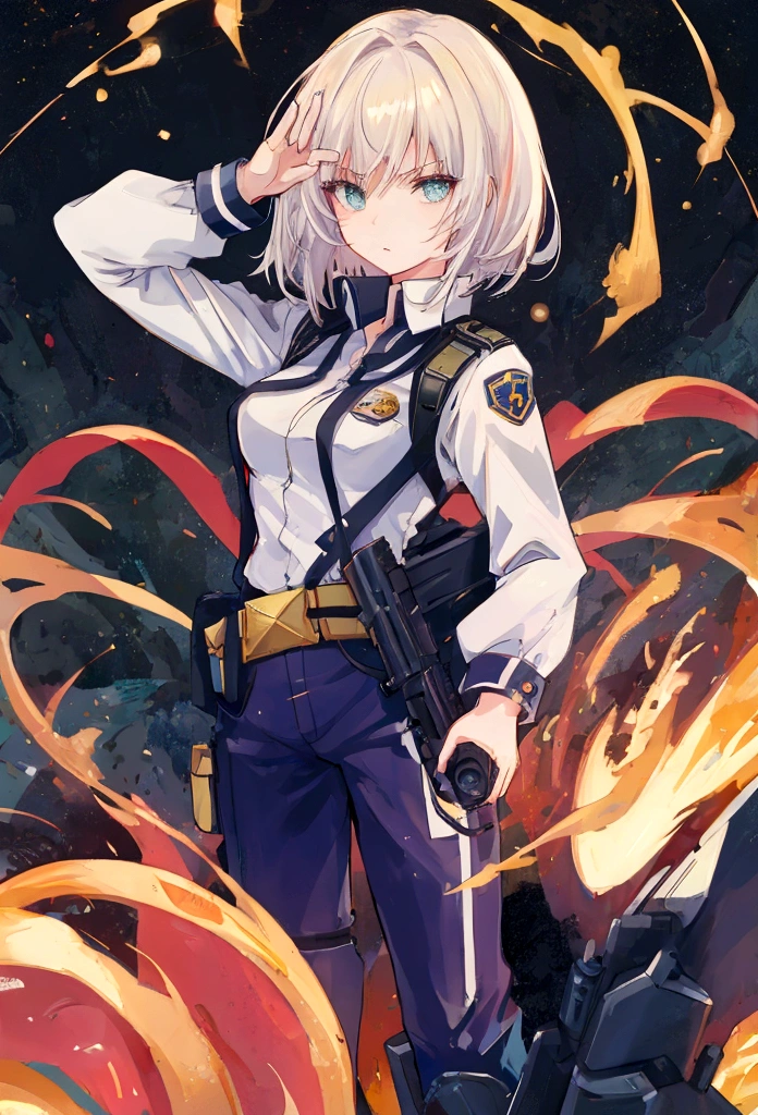 anime girl in uniform holding a gun and pointing it at the camera, officer, policewoman, Trigun Stampede style, Viper | Valorant, Jane | Alchemy Stars, White Shirt, a-1 pictures, high quality fanart, portrait n - 9, short hair, straight hair,
official character art, female anime character, 