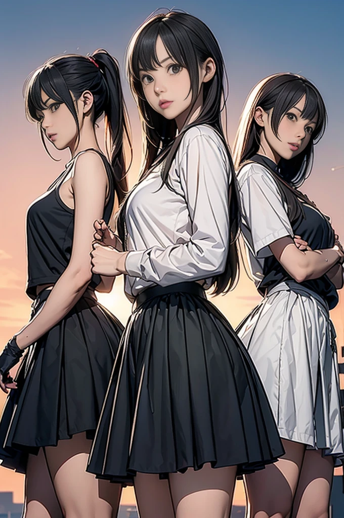 Three girls, line up vertically, hold the first sword, hold the second gun, raise the third fist