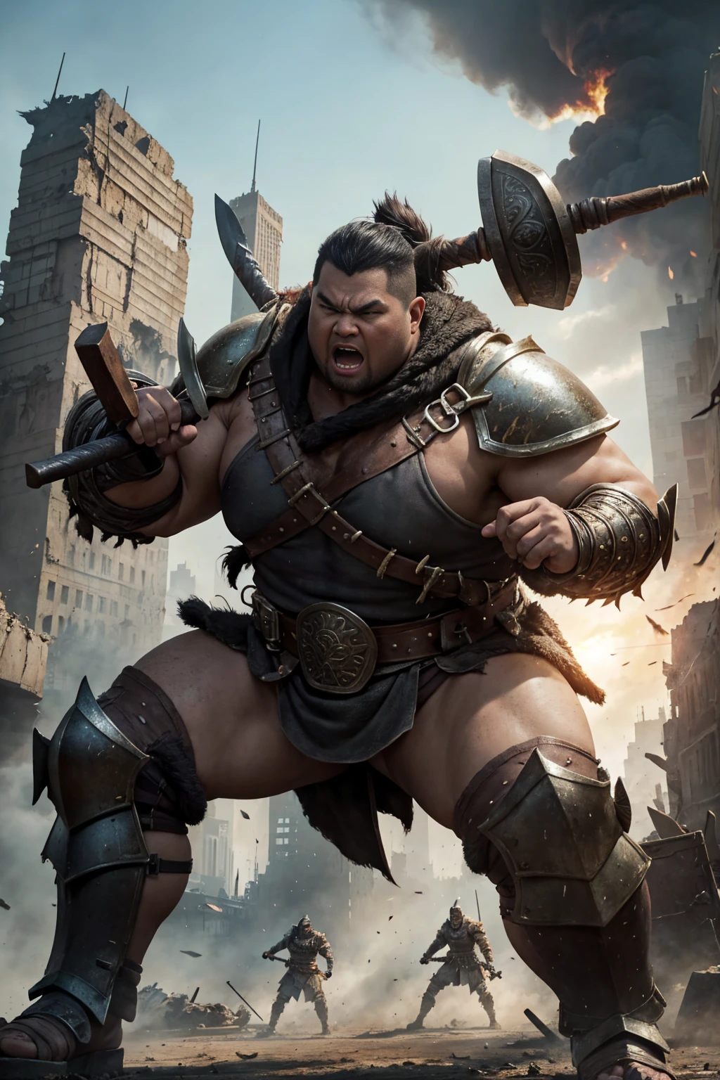 looking at us, Staring Intently, face focus, Bandit, Fat ferocious barbarian:2, This barbarian is a robust stocky Japanese, smirking, lets out a yell, mid combat, intense battle scene, leather and iron armor, armored short skirt, holding a Viking War Axes, legs exposed from thighs to feet, fierce warriors, ancient battlefields, epic showdown, battleground background, breathtaking action, masterpiece, volumetric lighting, Dramatic, Uighur the Warden, breathtaking action, dynamic poses, bald, ((ultra sharp)), ((masterpiece)), ((best quality)), ((ultra detailed)), ((intricate details)), Inguinal region detailed, Dilapidated, destroyed city after big air raids, fire, A desolate, post-apocalyptic cityscape, A brutal scene, casting an ominous shadow, 