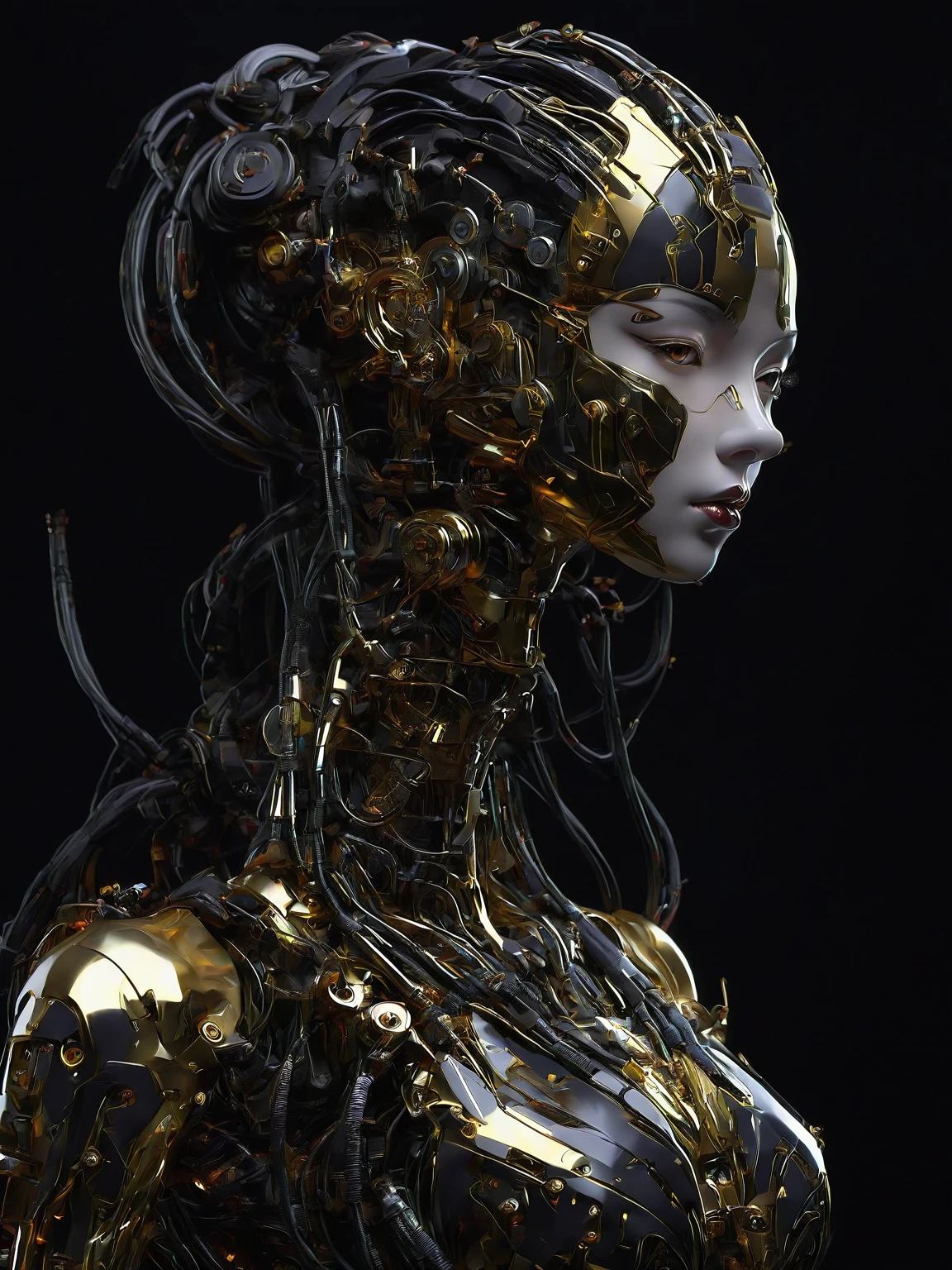 1girl, solo, breasts, black hair, upper body, lips, facial mark, half-closed eyes, robot, black background, science fiction, forehead mark, android, cable, hair pulled back, mechanical parts , 