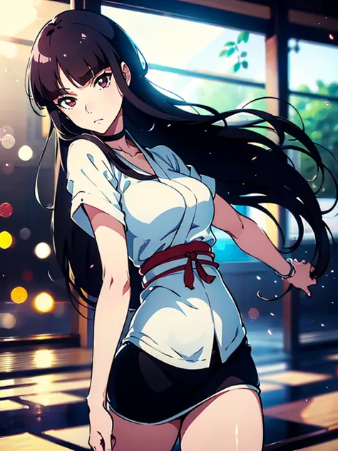 kurotsuchi nemu, ((masterpiece)),  (bokeh effect), black japanese clothing, black hair, (long hair:1.3), (blunt bangs:1.1), unde...