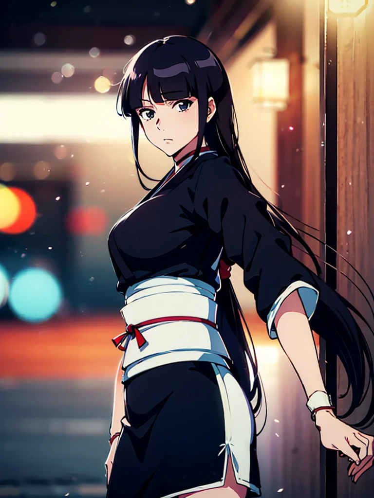 Kurotsuchi Nemu, ((masterpiece)),  (Bokeh effect), Black Japanese clothing, Black Hair, (Long Hair:1.3), (Blunt bangs:1.1), Underarm, white backglound, (alone:1.3)
