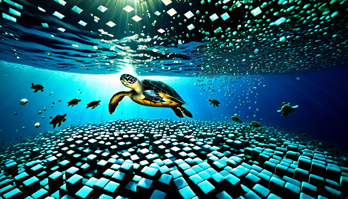 The fascinating deep sea where water and tiny baby turtles live, Surrounded by beautiful light,Baby turtle swimming,Several small RAL-3D cubes fall from above.