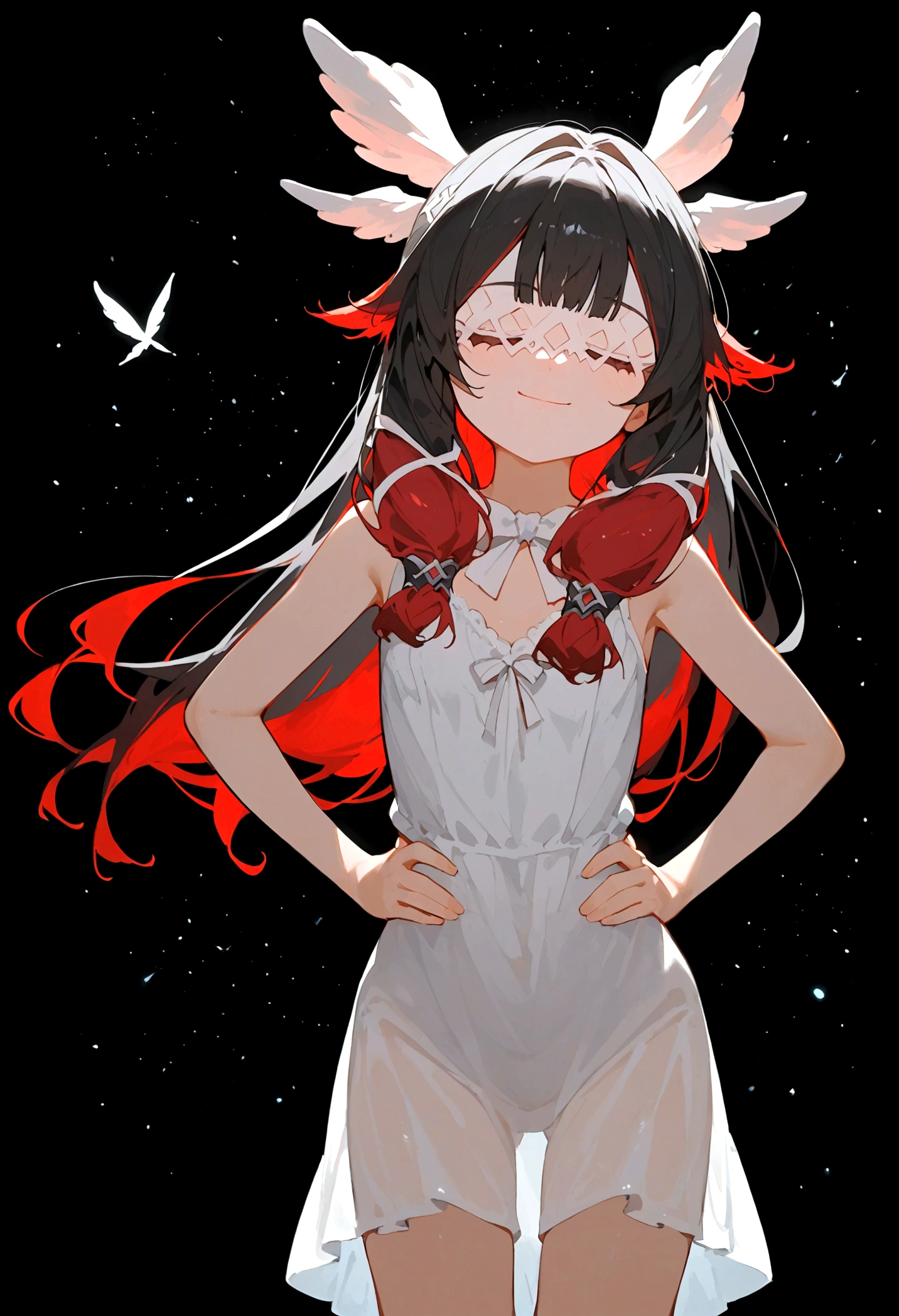 (score_9, score_8_up, score_7_up), source anime, 1girl, columbina, black hair, multicoloured hair, red hair, eye mask, head wings, white chemise dress, short dress, small breasts, hands on hips, closed eyes, smile, leaning forward, closed mouth, head tilt, black background, light particles, simple background