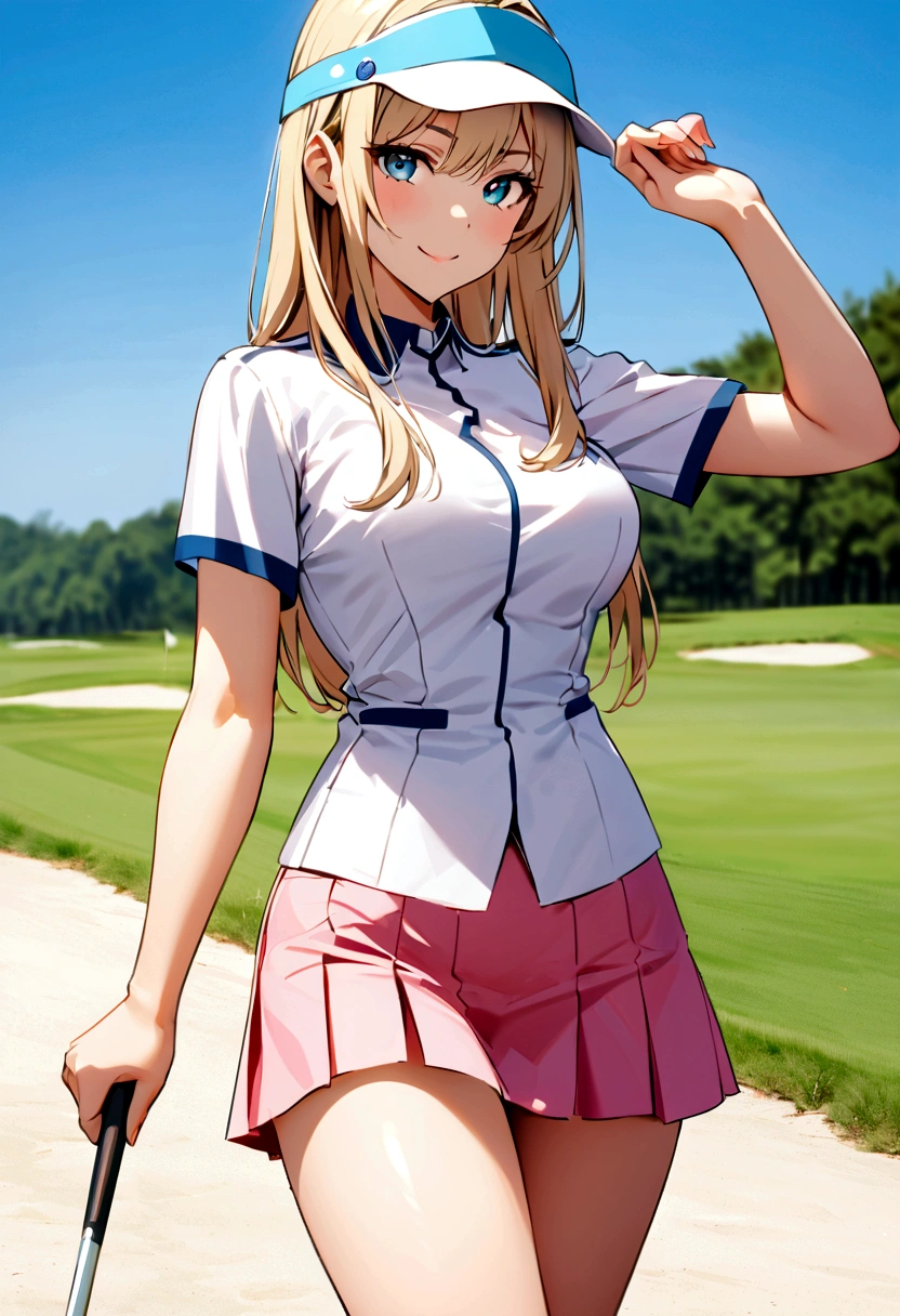 sound　high resolution　8k beauty　Woman playing golf　Golf course　Beautiful woman　semi-long　Blonde　White　Golf Wear　mini skirt　smile　　looking at the camera　Sunburn mark　　victory　tall