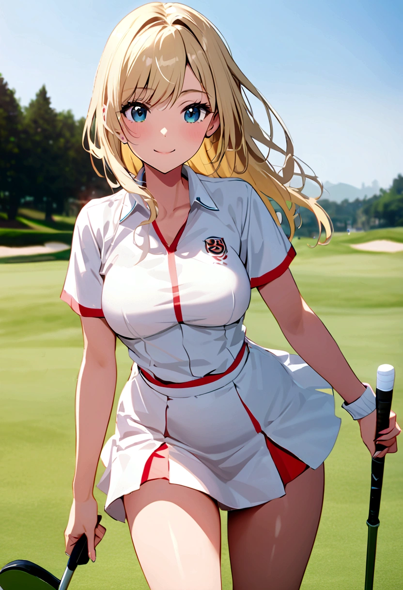 sound　high resolution　8k beauty　Woman playing golf　Golf course　Beautiful woman　semi-long　Blonde　White　Golf Wear　mini skirt　smile　　looking at the camera　Sunburn mark　　victory　tall